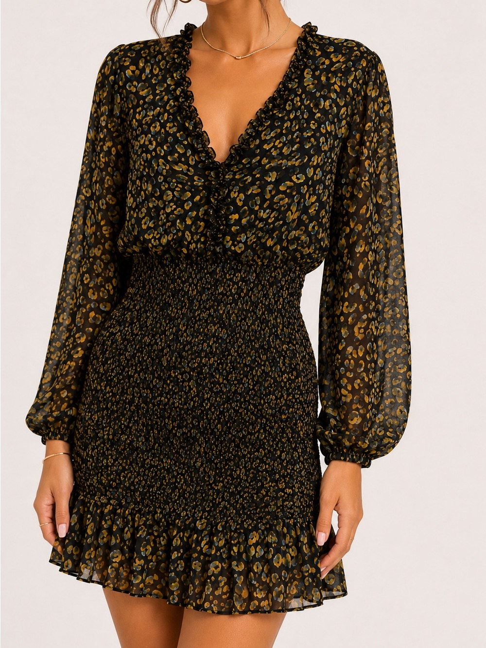 V-neck Long-sleeve Leopard Print Large Smocked Mini Dress Ruffle Trim